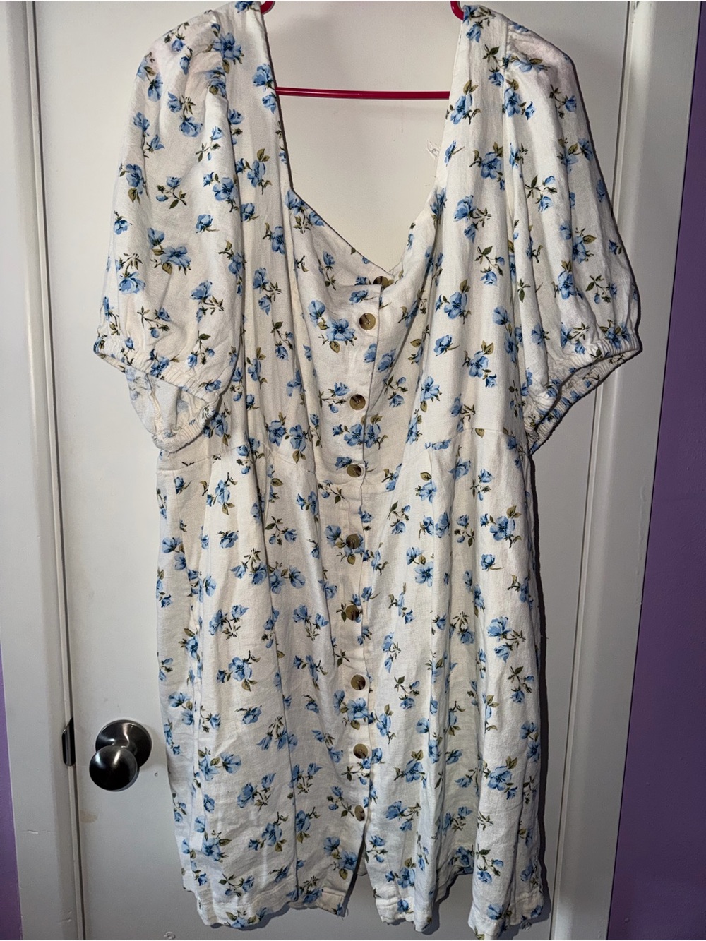 Old Navy White Floral Button-Front Dress with Blue Roses